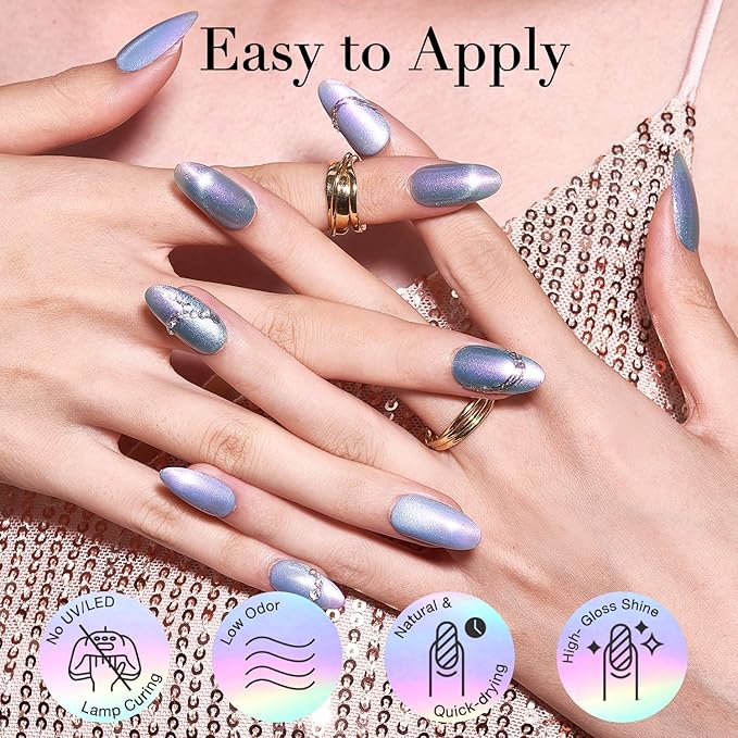 AZUREBEAUTY Magnetic Cat Eye Nail Polish Set – 2 Cat Eye & 2 Glitter Colors with Top Coat, Chrome Shimmer Gel Effect, Quick Dry Long Lasting DIY Nail Kit for Salon Home