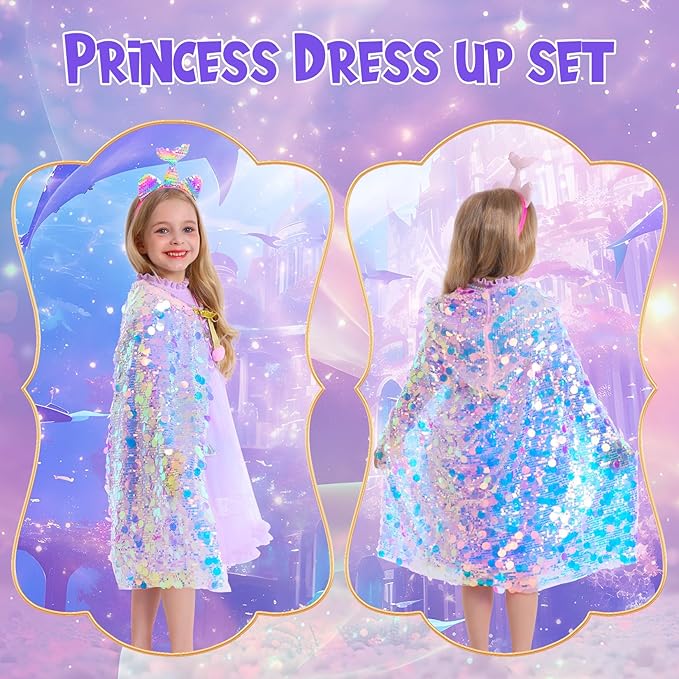 Mermaid Toys Princess Dress Up for Girls Princess Dress Up Cloak Gift Set for Little Girls 3-8 Years Old, Idea Gift for Birthday Christmas Halloween