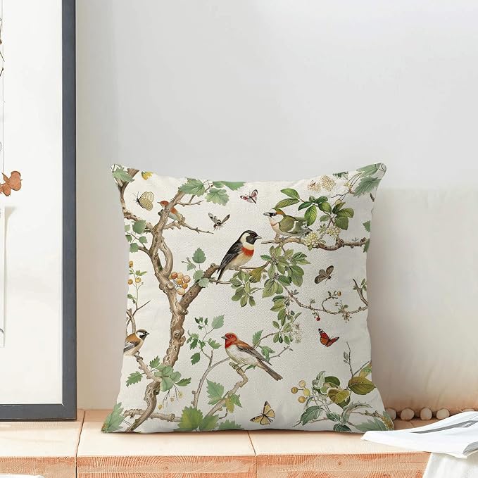 Chinoiserie Pillow Covers 18x18 Inch Set of 2 Green Floral Bird Throw Pillows Vintage Flower Decorations Pillow Cases Outdoor Chinoiserie Decor Farmhouse Linen Cushion Cover for Couch Home