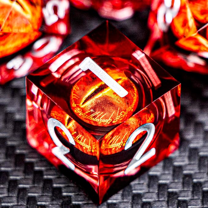 ARUOHHA DND Resin Dice Gazes Eye Dice Silver Red Liquid Core Flaming RPG Sharp Edged Dice Set with Gift Box, Polyhedral D and D Dice Set Compatible with Dungeons Dragons Role Playing Game D20 D6
