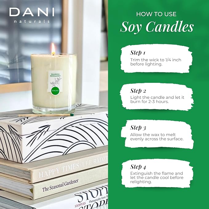 DANI Naturals Bamboo Bergamot 100% Soy Wax Candle, Non-Toxic, 7.5oz | Vegan,soy wax candle,Clean-burning with organic cotton wick,Fresh bamboo bergamot scent,Made in USA
