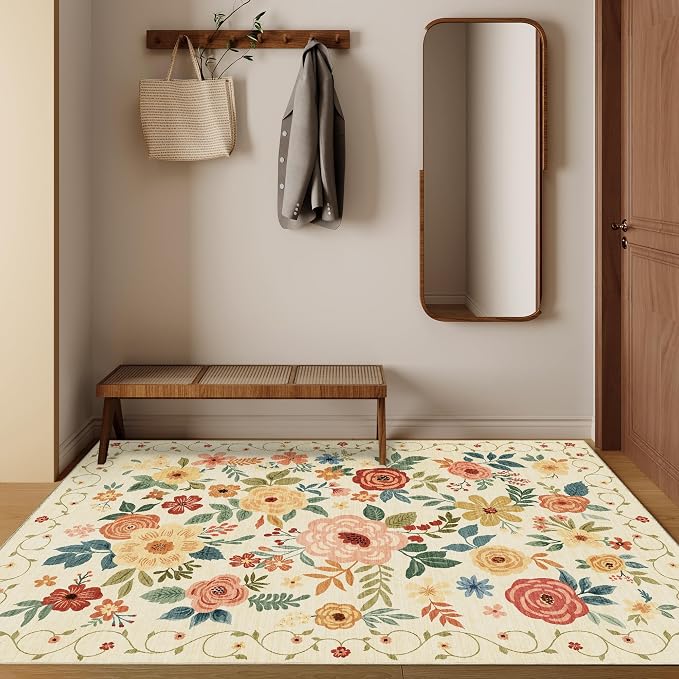 DUKINO 3x5 Area Rug, Floral Washable Rug for Bedroom Non Slip, Beige Yellow | Soft, Stain Resistant Low Pile Indoor Rug for Entryway, Bedroom, Bathroom, Living Room, Pet Friendly, Home Decor, Lightweight
