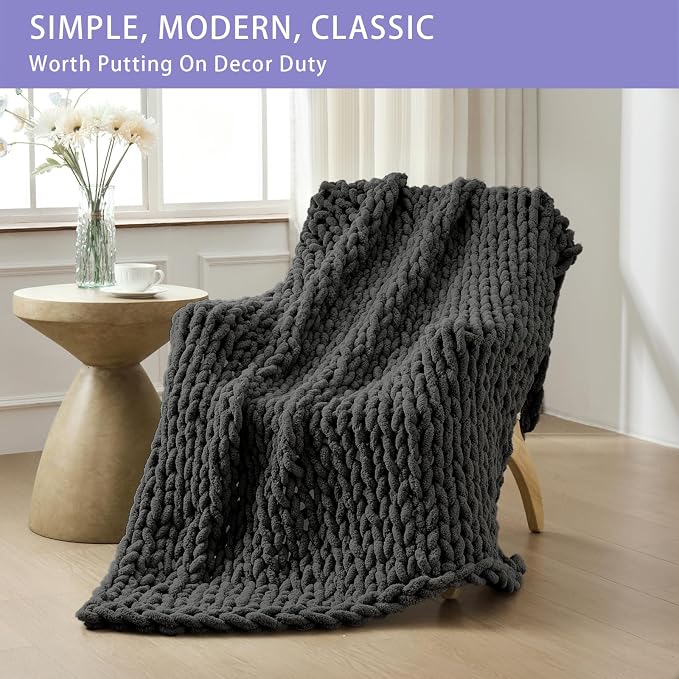 Bigacogo Chunky Knit Throw Blanket for Couch, 60x80 inches, Dark Grey | Hand Knit with Jumbo Chenille, Soft Breathable Cable Knit for Sofa Bed Living Room, Machine Washable, Gift for Mom Friend