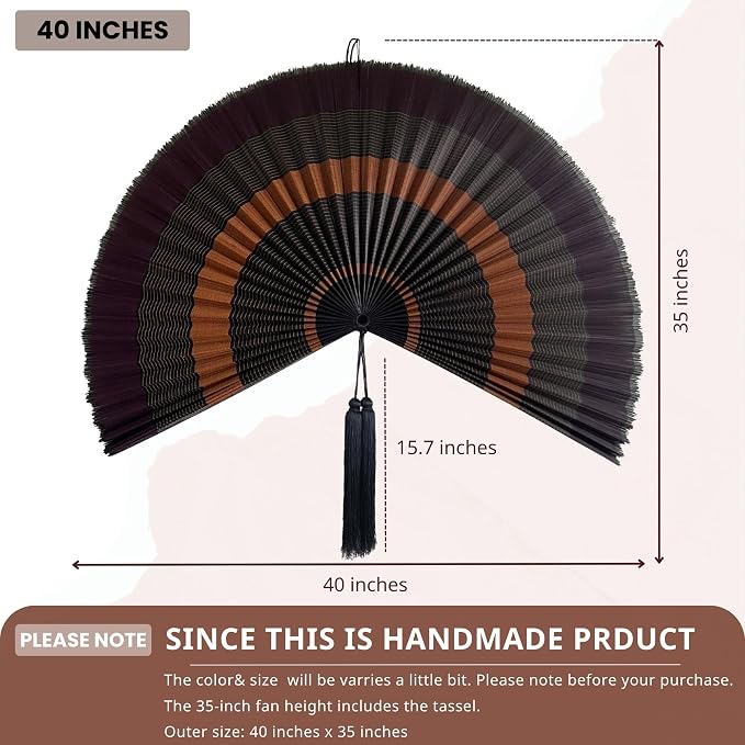 ChumDecor Bamboo Fan Wall Decor, Japanese Wall Fan Decoration, Ebony 40 in | Large Oriental and Asian Style Hanging Decoration for Above the Bed Headboard Dresser or an Empty Living Room Space