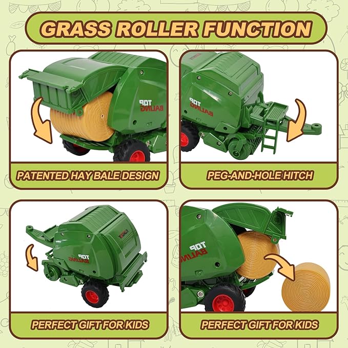 Farm Tractor Toys Set Bale Haying Round Baler with Barn, Farmer,Cow,Farm Tools,Tree Farm Tractor Pla yset for Kids Toddler Boys Girls Ages 3-7 Years