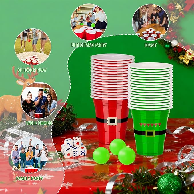 60 PCS Christmas Cup Pong Game Set - 16 Oz Red & Green Plastic Party Cups with 10 Red&Green Balls for Holiday Party Games, Family Gatherings, Christmas Party Supplies