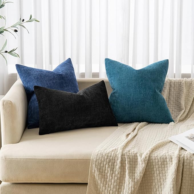 MIULEE 12x20 Inch Lumbar Textured Chenille Throw Pillow Covers Black | Pack of 2 Decorative Soft Throw Pillows, Solid Textured Cushion Covers, Modern Home Decor for Couch Sofa Bedroom Living Room