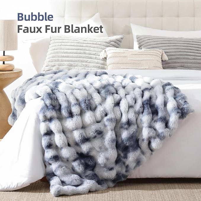 Faux Fur Throw for Couch - Tie-dye Blue Bubble Blanket 60"x80" | Fluffy Plush Fuzzy Throw for Sofa & Bed, Super Soft Cozy Comfrt Blanket, Luxury Aesthetic Blue Decor Gift for Women