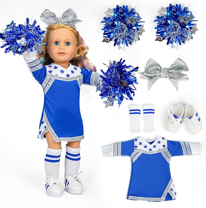 ARTST Cheer Uniform Doll Outfit-18 inch Doll Clothes & Accessories Set Including Pom Poms,Shoes,Socks and Hairbow,Sport Gifts for Girls Age 6+(Blue and White)