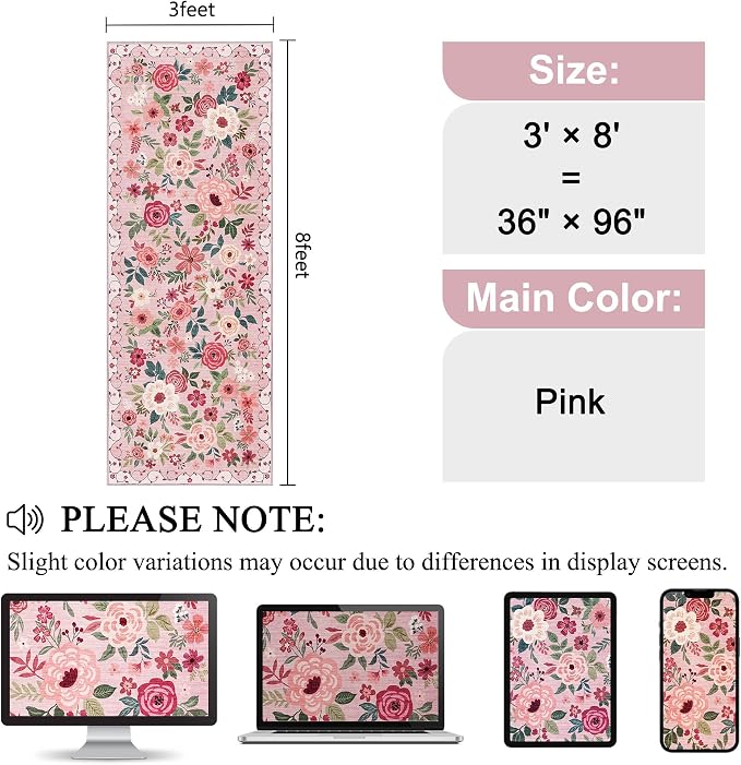 DUKINO 3x8 Kitchen Runner Rug, Washable Rug for Hallway Non Slip, Pink | Soft, Low Pile, Floral Indoor Carpet Runner for Hallway, Entryway, Bedroom, Bathroom, Laundry, Pet Friendly, Home Decor