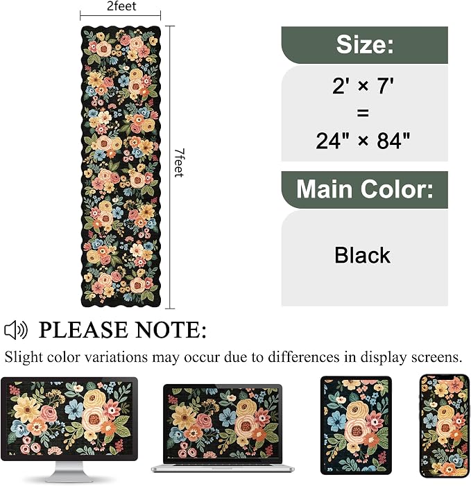 DUKINO 2x7 Runner Rug for Hallway, Floral Washable Rug for Kitchen, Black | Low Pile, Stain Resistant, Soft Throw Carpet Runner for Entryway, Bedroom, Bathroom, Laundry, Pet Friendly, Modern Home Decor