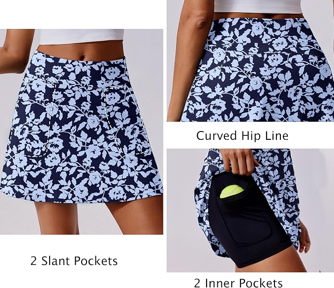 PINSPARK 17" Golf Skorts for Woman High Waisted Tennis Skirt with 4 Pockets | Lightweight, Quick Dry, 4-Way Strecth, Breathable, Tummy Control, UPF 50+ Athletic Skort for Workout, Pickleball, Gym, Casual
