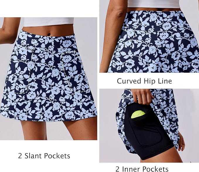 PINSPARK 17" Golf Skorts for Woman High Waisted Tennis Skirt with 4 Pockets | Lightweight, Quick Dry, 4-Way Strecth, Breathable, Tummy Control, UPF 50+ Athletic Skort for Workout, Pickleball, Gym, Casual