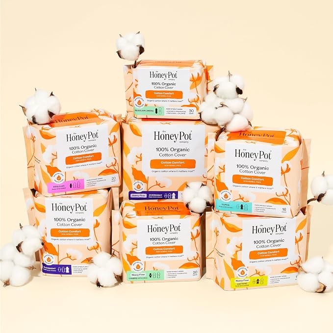The Honey Pot Company - Sanitary Pads for Women - Non-Herbal Overnight w/Wings - Organic Cotton Cover, & Ultra-Absorbent Pulp Core - Feminine Care - 12 ct