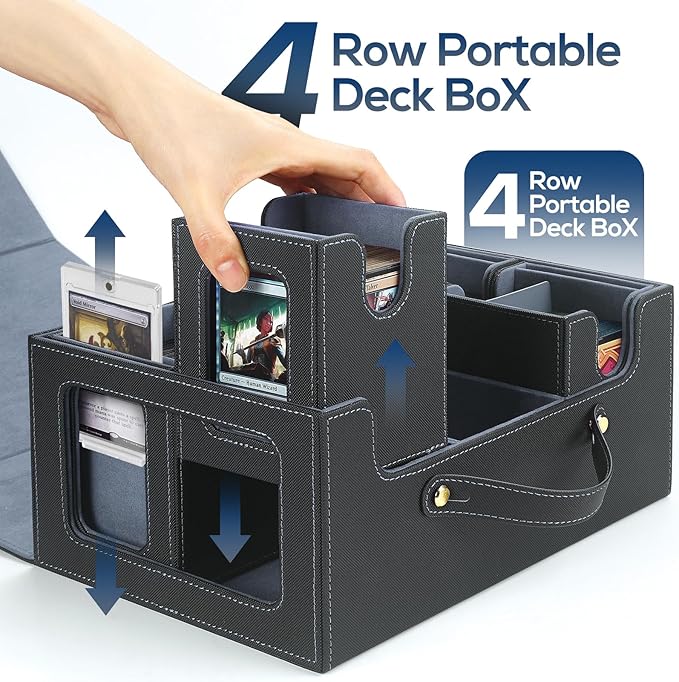 Trading Card Storage Box for MTG, MTG commander deck box，Multi-purpose Deck Case for MTG TCG Sports Card, 4 Toploaders, 4 Stoppers, 4 Colorful Dividers (Black & Grey)