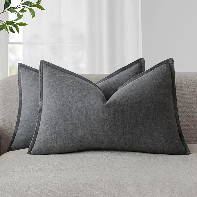 Foindtower Pack of 2, Decorative Linen Solid Throw Pillow Covers Soft Accent Lumbar Cushion Case Boho Farmhouse Pillowcase for Chair Couch Sofa Bedroom Living Room Home Decor 12 x 20 Inch Grey