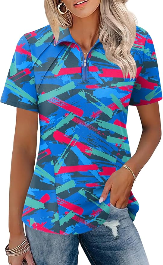 LOMON Womens Golf Polo Shirt Summer Short Sleeve Quarter Zip Outfit | Side-Pockets,Princess Seams,Cotton,Wrinkle Free,Moisture Wicking,Quick-Dry,Lightweight,Collared,for Tennis Workout