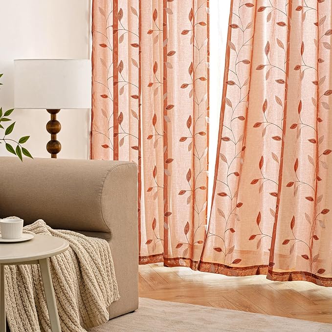 MIULEE Burnt Orange Sheer Curtains 2 Panels Embroidered Leaf Patterned Rod Pocket Floral Semi Faux Linen Window Fall Curtains Drapes Set for Living Room Bedroom Dining Room, 52x84 Inches Long