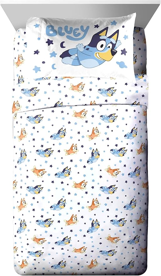 Jay Franco Bluey & Bingo Twin Comforter Set - 5 Piece Bed Set Includes Sheet Set & Pillow Covers - Super Soft Clouds & Stars Kids Bedding