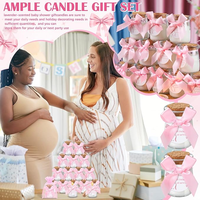 Threlaco 20 Pcs Bow Baby Shower Favors Party Candle Lavender Scented Glass Mason Jar Wax Candle Bulk for Guests Girl Boy Gender Reveal Party Gifts(Pink)
