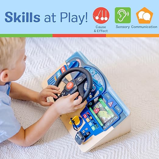 Melissa & Doug Vroom & Zoom, Interactive Wooden Dashboard, Racing Car Steering Wheel Toy, Lights & Sounds, Preschool Learning Toys for Girls & Boys 3+ - FSC Certified