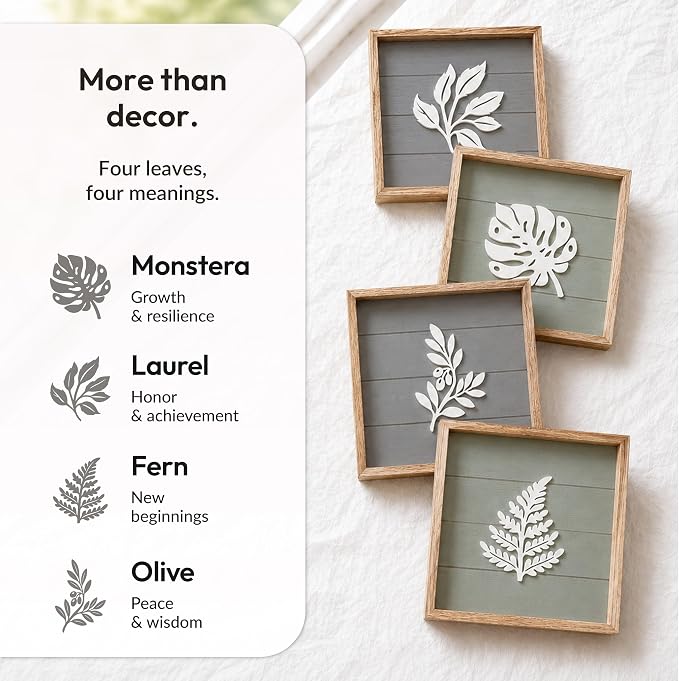 Tide and Tales Leaves of Meaning 3D Botanical Wall Art (Set of 4) Framed Boho Wall Art for Living Room, Bedroom & Bathroom, House Warming Gifts for New Home, Leaf Farmhouse Home Decor 10"x10"