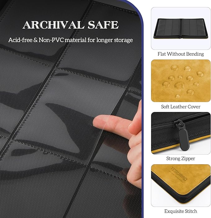 Trading Card Binder, 9 Pockets PU Card Collection Binder, Zipper Card Album Hold Up to 540 Cards, Binder for Sports Card, MTG, TCG Yugioh Card (Yellow)