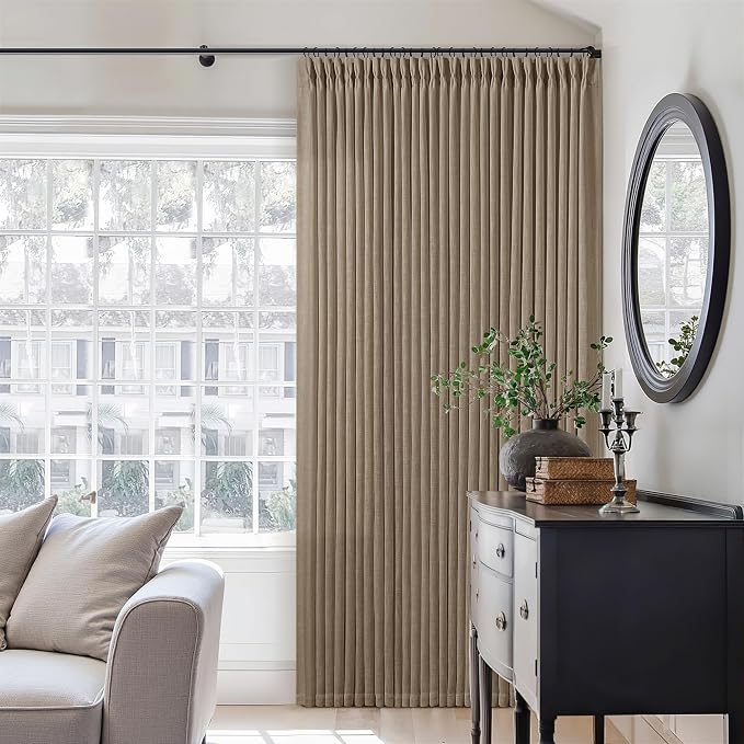 TWODRAPES 98 Inch Tan Brown Linen Curtains for Living Room Pinch Pleated Drape with Hooks Rings for Track System Light Filtering 98 Inch Curtain for Bedroom Sliding Patio Door 2 Panels Latte