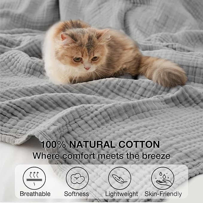 100% Cotton Muslin Blanket 40" x 40", Breathable and Lightweight Cotton Throw Blankets, Soft Cooling Summer Gauze Blanket for All Season, Light Grey