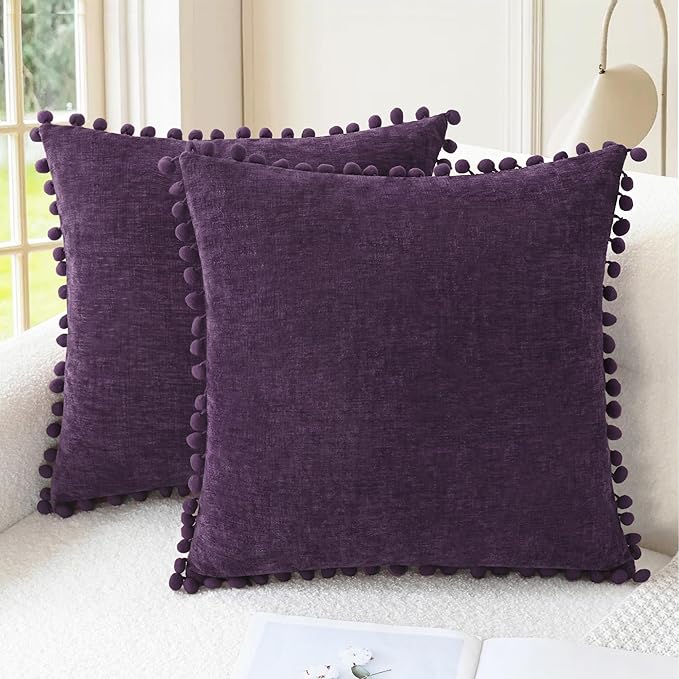 CaliTime Decorative Couch Throw Pillow Covers 20 X 20 Inches Plum Purple | Pack of 2, Cozy Chenille Cushion Cases, with Pom Poms for Sofa Bed Living Room Farmhouse Home