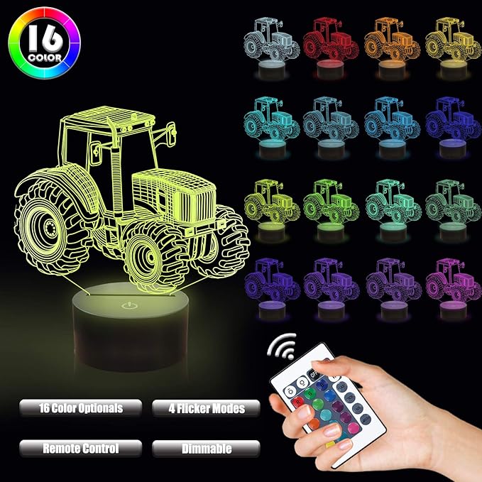 FULLOSUN 3D Illusion Lamp, Tractor Car 3D Night Light for Kids with 16 Colors Changing Remote Control, Bedroom Decor Creative Birthday Gifts for Boys Kids Baby