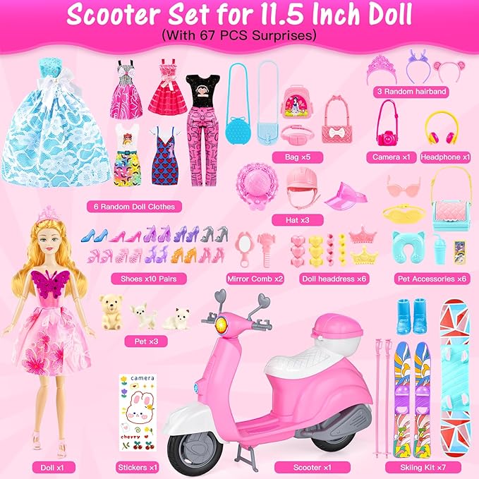 67Pcs Doll Clothes and Accessories with Doll, Motorcycle Scooter Set, Skiing Kit, Pet Set, 10 Shoes, 6 Outfits (Dress/Pants/Casual), Doll Playset Dress Up Toys for Girls Kids Toy Gifts