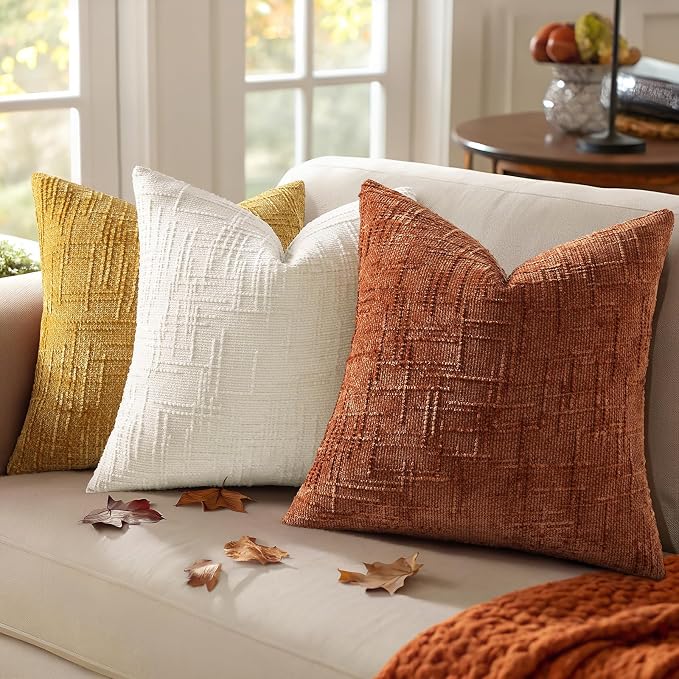 decorUhome Textured Chenille Throw Pillow Covers 26x26 Set of 2 Rust | Fall Modern Farmhouse Soft Cozy Slubby Couch Pillow Cases Boho Decorative Pillow Cases for Bed Sofa Living Room Home Decor