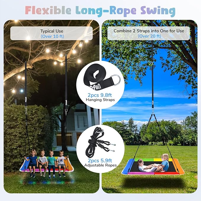Hapfan 60 inch Platform Tree Swing with LED Light, Large Outdoor Swing for Kids and Adults, Waterproof 900D Oxford Fabric, 9.8 FT Hanging Straps (Rainbow)