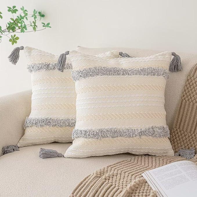 BUIOVBEY Boho Throw Pillow Covers Woven Tufted Pillow Cases with Tassels | Farmhouse Pillow Covers 18x18 Set of 2 Textured Striped Cushion Case Neutral Decorative Pillowcase for Sofa Couch Light Grey