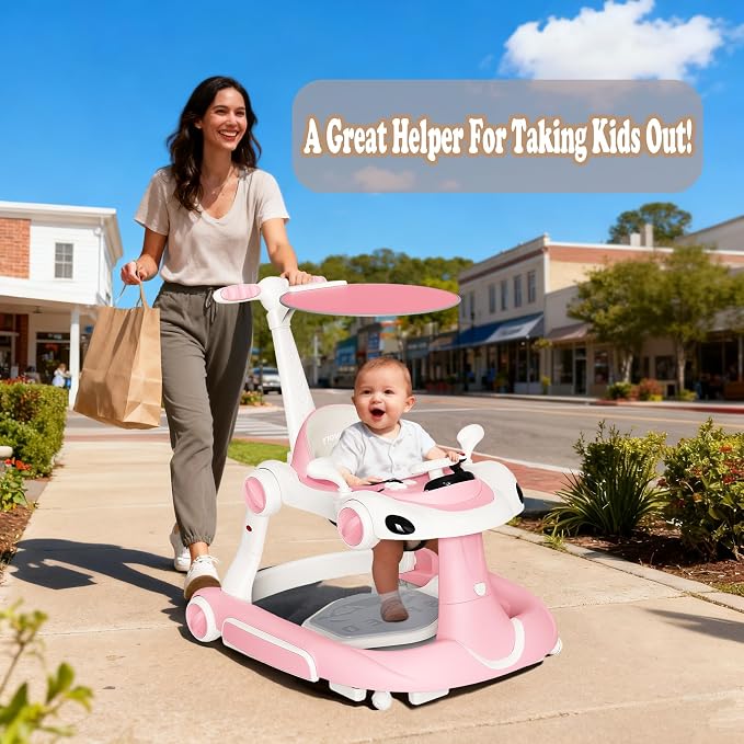 6 in 1 Foldable Baby Walker, Activity Baby Walker-Baby Bouncer, Rocker, Activity Center,Push Walker,Detachable Trampoline Mat, Adjustable Speed Rear Wheels and Height,Music & Lights,Ages 6-18 Months