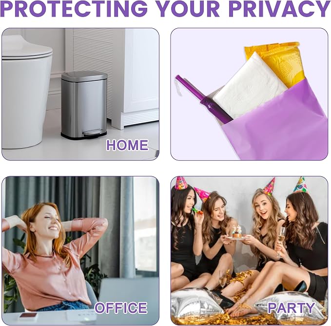 Disposable Sanitary Bags, 300 Pcs, Purple, Self-sealing, Odor-proof, Rectangular, Plastic, 10" x 6" Bags for Feminine Hygiene, Personal Waste, or Pet Waste