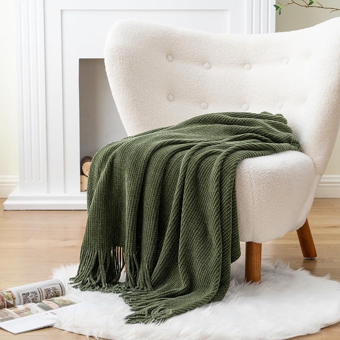 BATTILO HOME Olive Green Throw Blanket for Couch, 50"x60" | Soft Chenille Knit Throw Blanket with Tassels for Home Decor, Dark Green Throw for Couch Cover