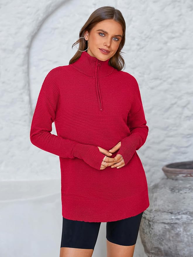 PRETTYGARDEN Womens Long Sleeve Quarter Zip Pullover Sweater Casual Loose V Neck Collared Ribbed Knit Jumper Tops Thumb Hole