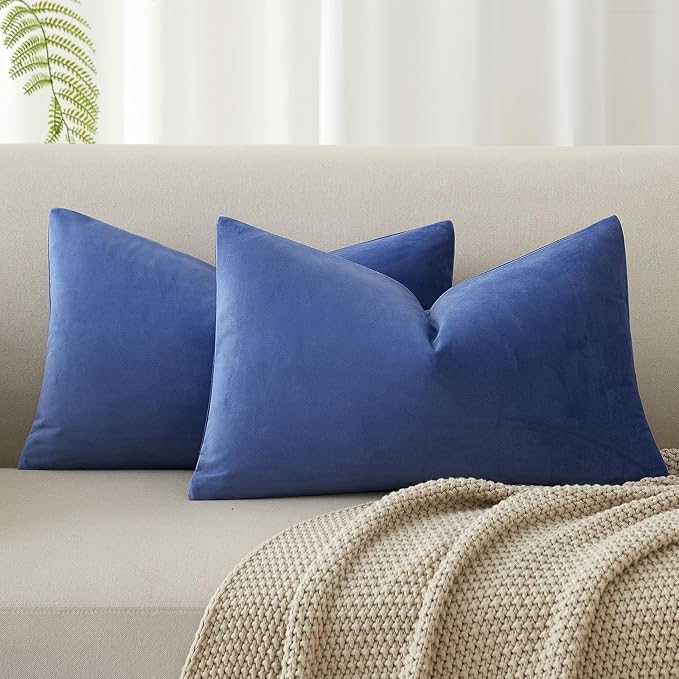 Blue 12x20 Throw Lumbar Pillow Covers Decorative Cushion Covers Set of 2 | Soft Velvet Pillow Cases with Invisible Zipper for Modern Couch Sofa Bed Living Room Bedroom Home Decor