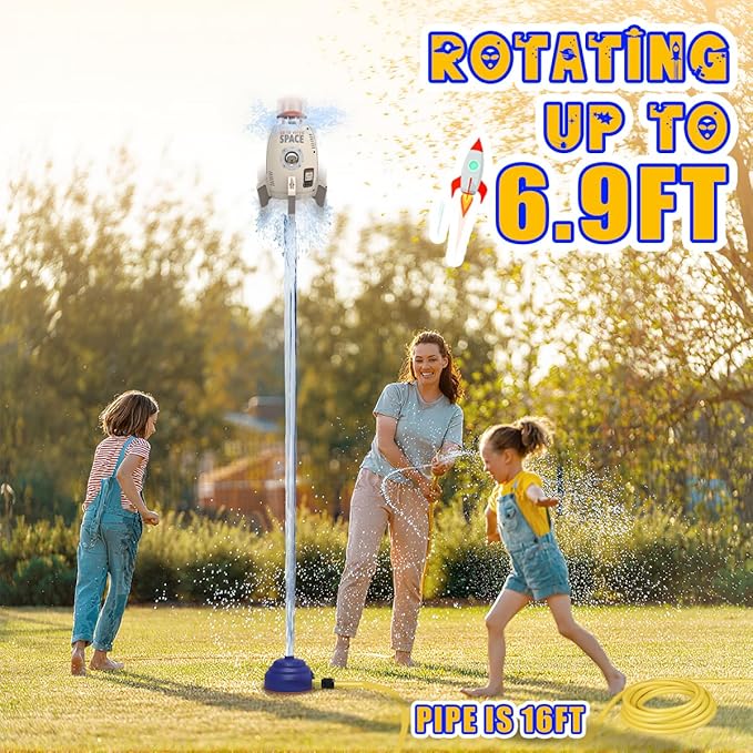 Outdoor Rocket Sprinkler Toy for Kids - Water-Powered Summer Backyard Game Fun Splash Play for Boys & Girls Ages 3+ with 5m Hose/DIY Sticker (Grey)