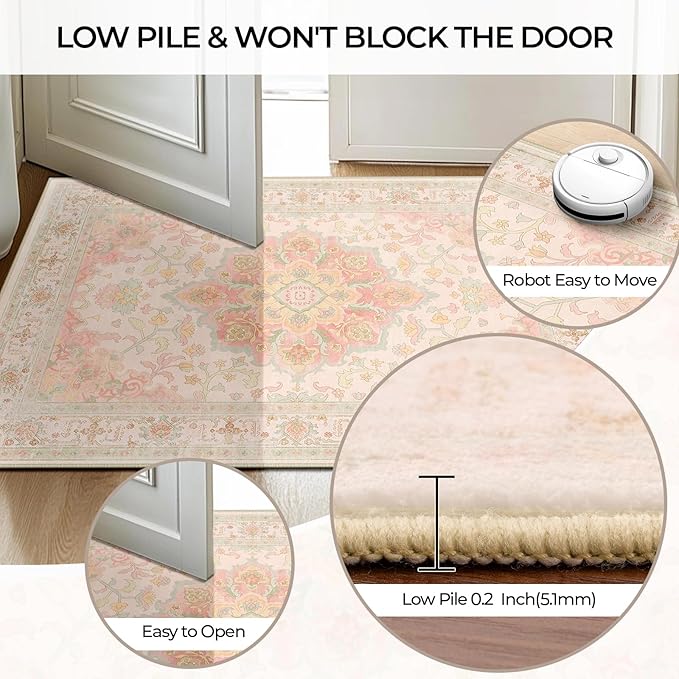 CAPALOCA 5x8 Washable Nursery Girls Low Pile Area Rug Pink Green | Non-Slip Soft Rugs for Bedroom Kids Playroom Living Room, Print Pattern Water Repellent Carpet Indoor Decor