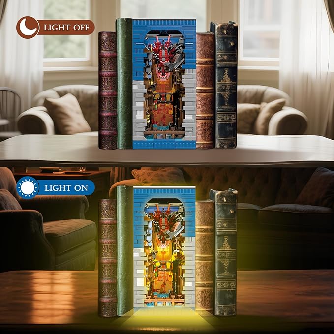 Shire Booknook Building Set with Light, H.obbit-Themed DIY Bookend Building Block Kit for Adults, Medieval Dragon Book Nook 3398PCS, Bookshelf Home Decor for Kids Boys Girls Age 14+