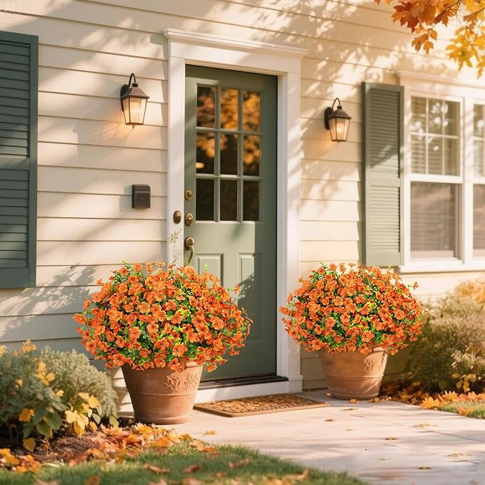 Ouddy Decor 24 Pcs Artificial Fall Flowers, Fake Mums for Outdoors, Orange | Lifelike faux mums, silk flower, UV resistant, no-maintenance, for autumn Thanksgiving garden porch yard indoor outdoor decor