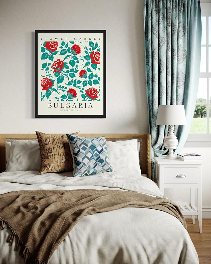Bulgaria, Rose Art Print Poster, Flower Market Wall Art, Floral Artwork Decor for Bedroom, Kitchen, Bathroom, Livingroom Decoration 52 (Bulgaria, Rose, 20"L x 16"W, Black Frame)
