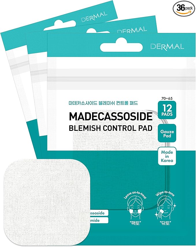 DERMAL Madecassoside Blemish Control Pad - Korean Toner Pad for Blemish & Tone Improvement with Centella Asiatica - Vegan Gauze Tencel Square Pads - Travel Kit 12 Pads, 3 Pack (Total 36 ea)