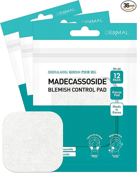 DERMAL Madecassoside Blemish Control Pad - Korean Toner Pad for Blemish & Tone Improvement with Centella Asiatica - Vegan Gauze Tencel Square Pads - Travel Kit 12 Pads, 3 Pack (Total 36 ea)