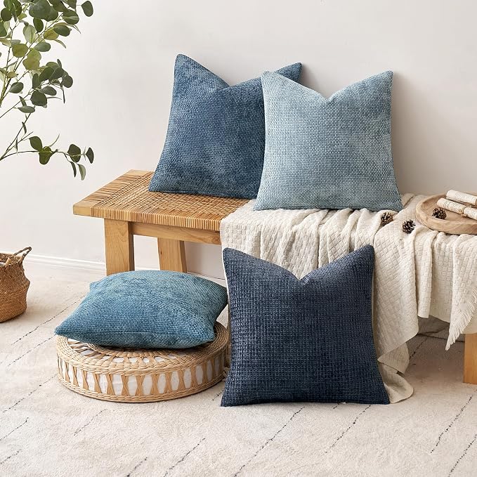MIULEE Soft Decorative Chenille Pillow Covers Blue Series 20x20 Pack of 4 | Modern Coastal Decor, Blue Gradient Set, Couch Throw Pillows, Farmhouse Boho Cushion Covers for Sofa Bed Living Room