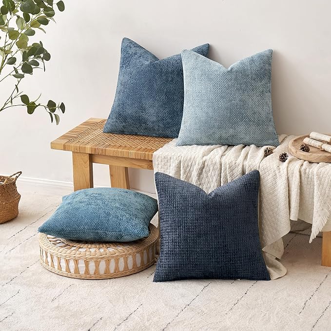 MIULEE Soft Decorative Chenille Pillow Covers Blue Series 16x16 Pack of 4 | Modern Coastal Decor, Blue Gradient Set, Couch Throw Pillows, Farmhouse Boho Cushion Covers for Sofa Bed Living Room