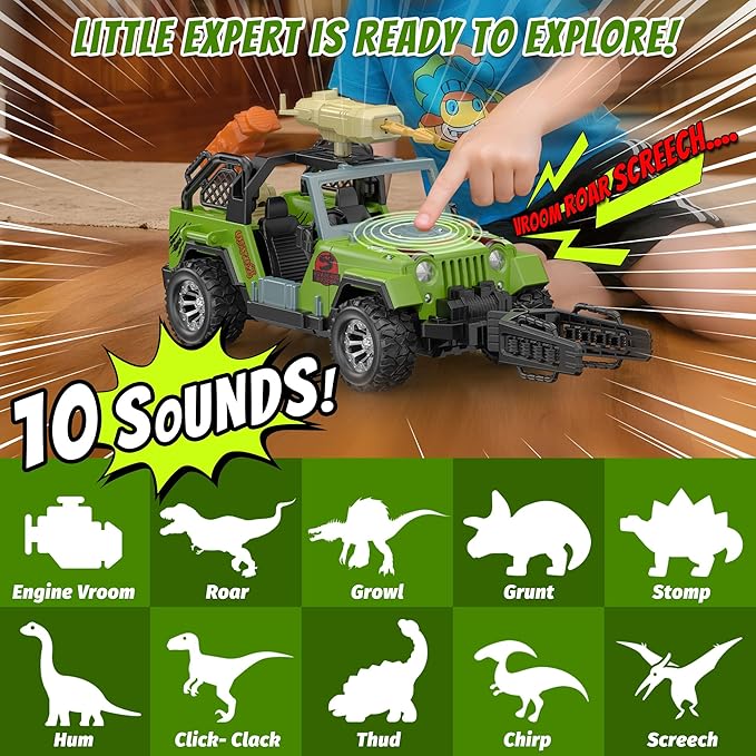 EKU Dinosaur Park Truck with 10 Sounds, Capture Net, Clamp, Launcher, Chomping Spinosaurus Figure, Human, Push and Go Adventure Vehicle for Jurassic World Toys Pretend Play Gifts for Kids 3+
